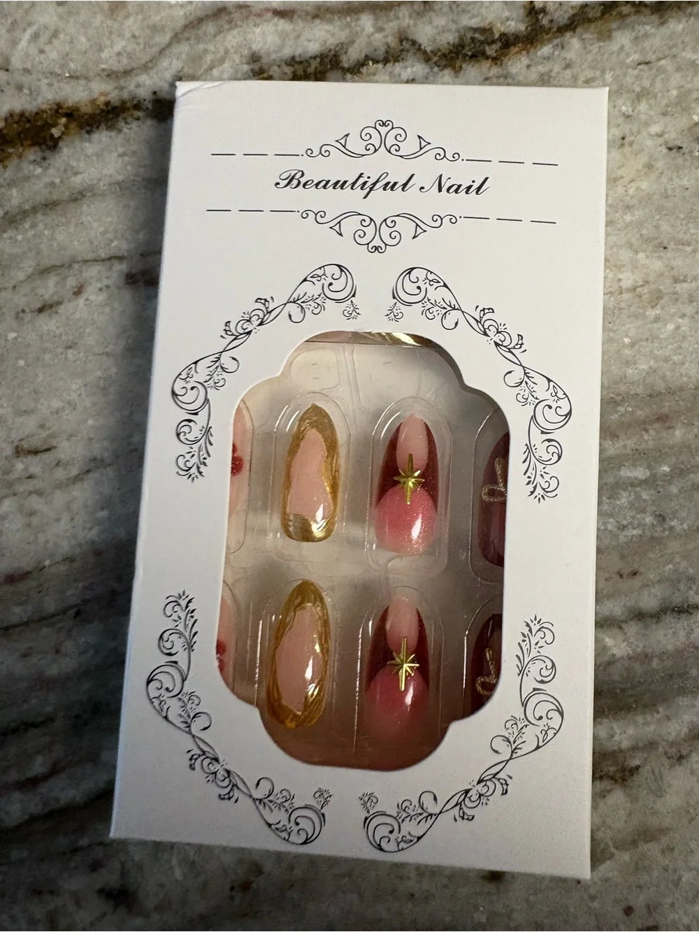 Luxury Burgundy press on  Nail Set with Gold Accents 24 pc set